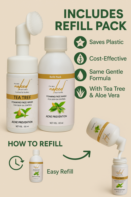 PURE NAKED NATURE Tea Tree Foaming Face Wash REFILL PACK  for Acne Prone Oil Free Skin Suits Men and Women - 100 ml - Image 9
